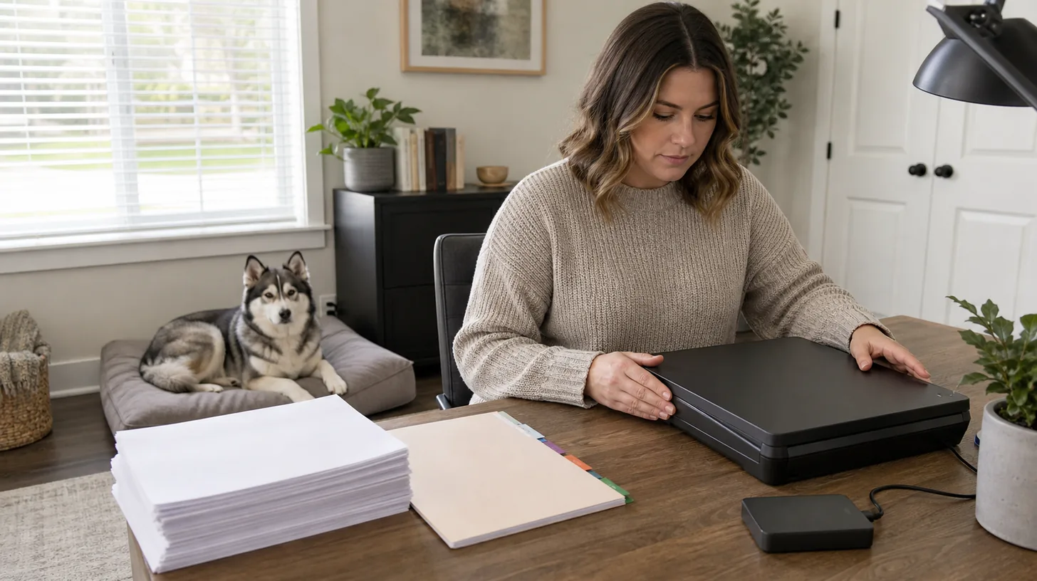 A caregiver uses a closed scanner beside blank records while a Pomsky rests nearby