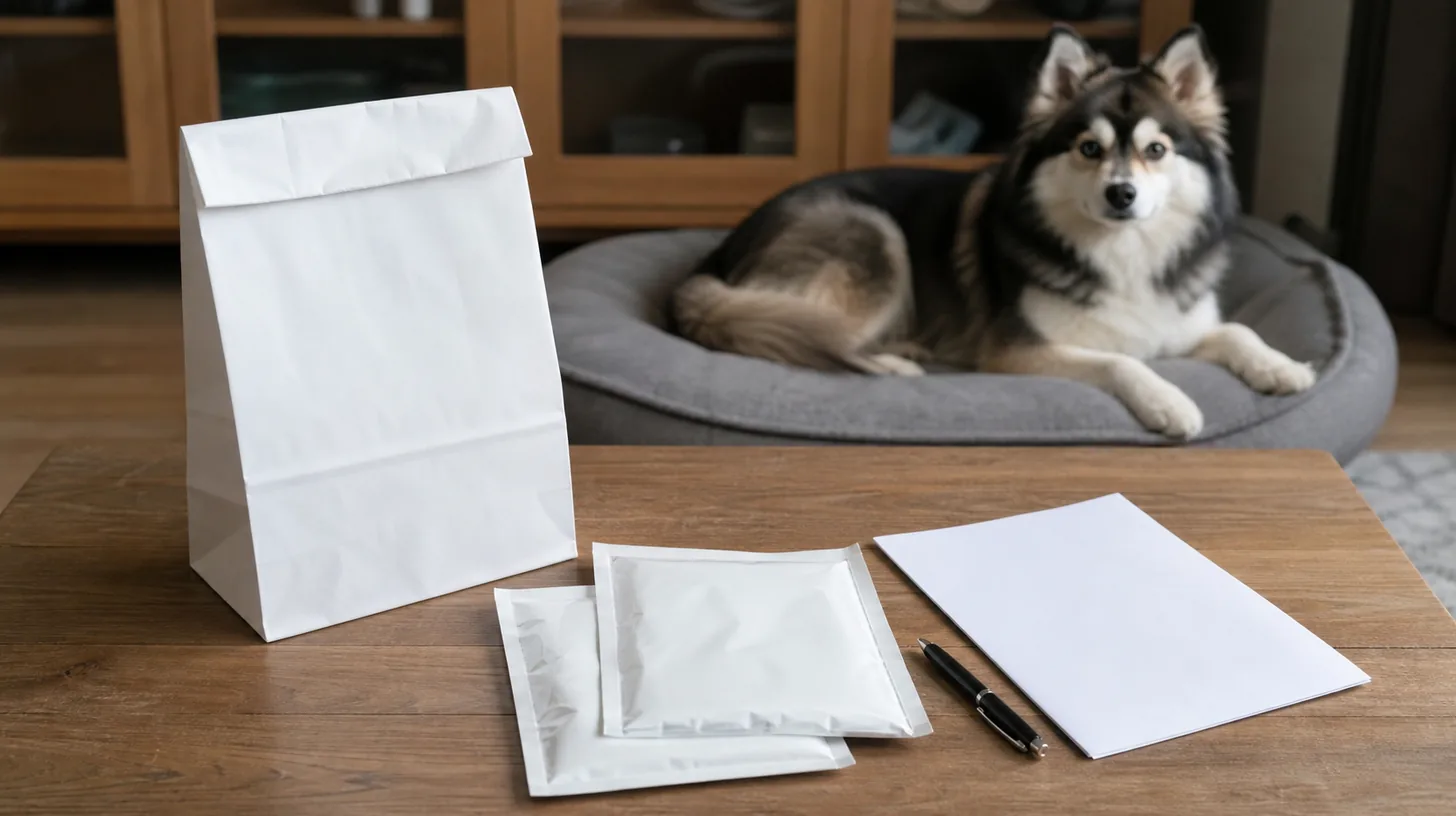 A closed pharmacy bag, sealed blank packages and record folder sit near a resting Pomsky