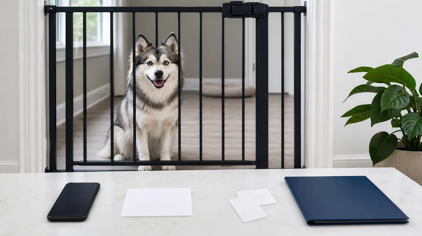 A face-down phone blank recovery cards and closed veterinary folder sit away from a gated Pomsky