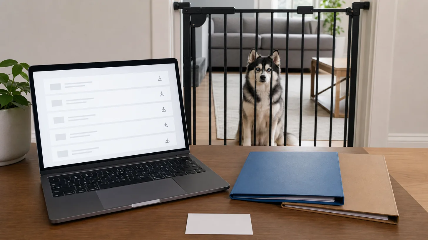 Blank portal document rows, version folders and a receipt card are reviewed away from a gated Pomsky