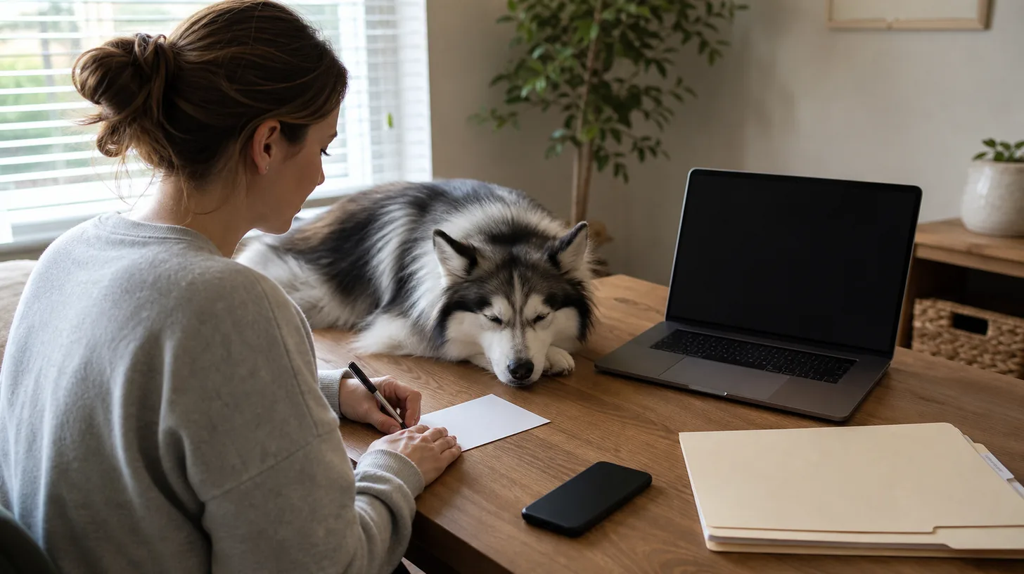 A caregiver prepares a blank veterinary message timeline beside a resting Pomsky