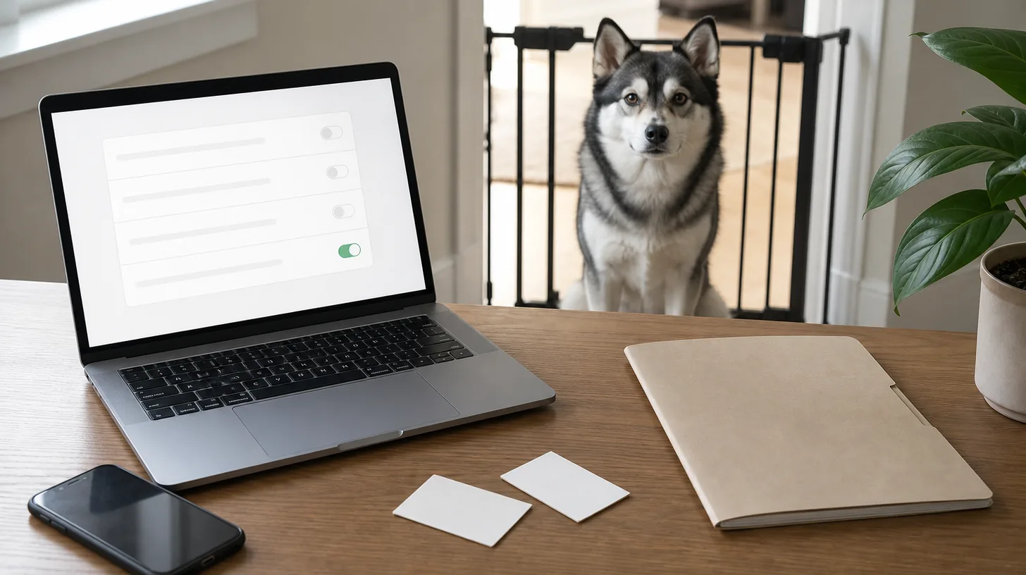 Blank notification controls, a phone, contact cards and a folder are reviewed away from a gated Pomsky