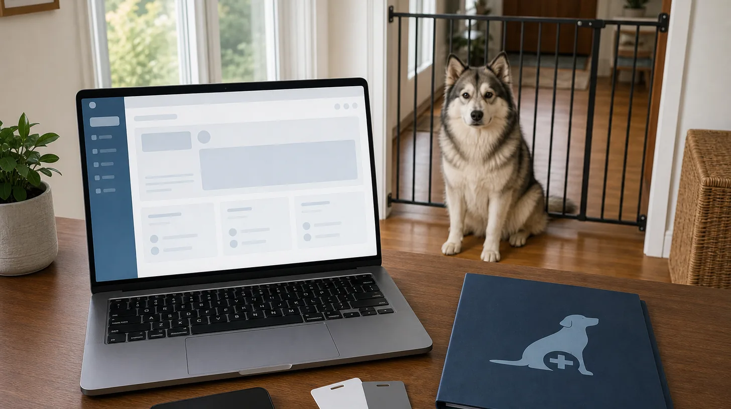 A blank veterinary portal, closed folder and access cards are reviewed away from a gated Pomsky