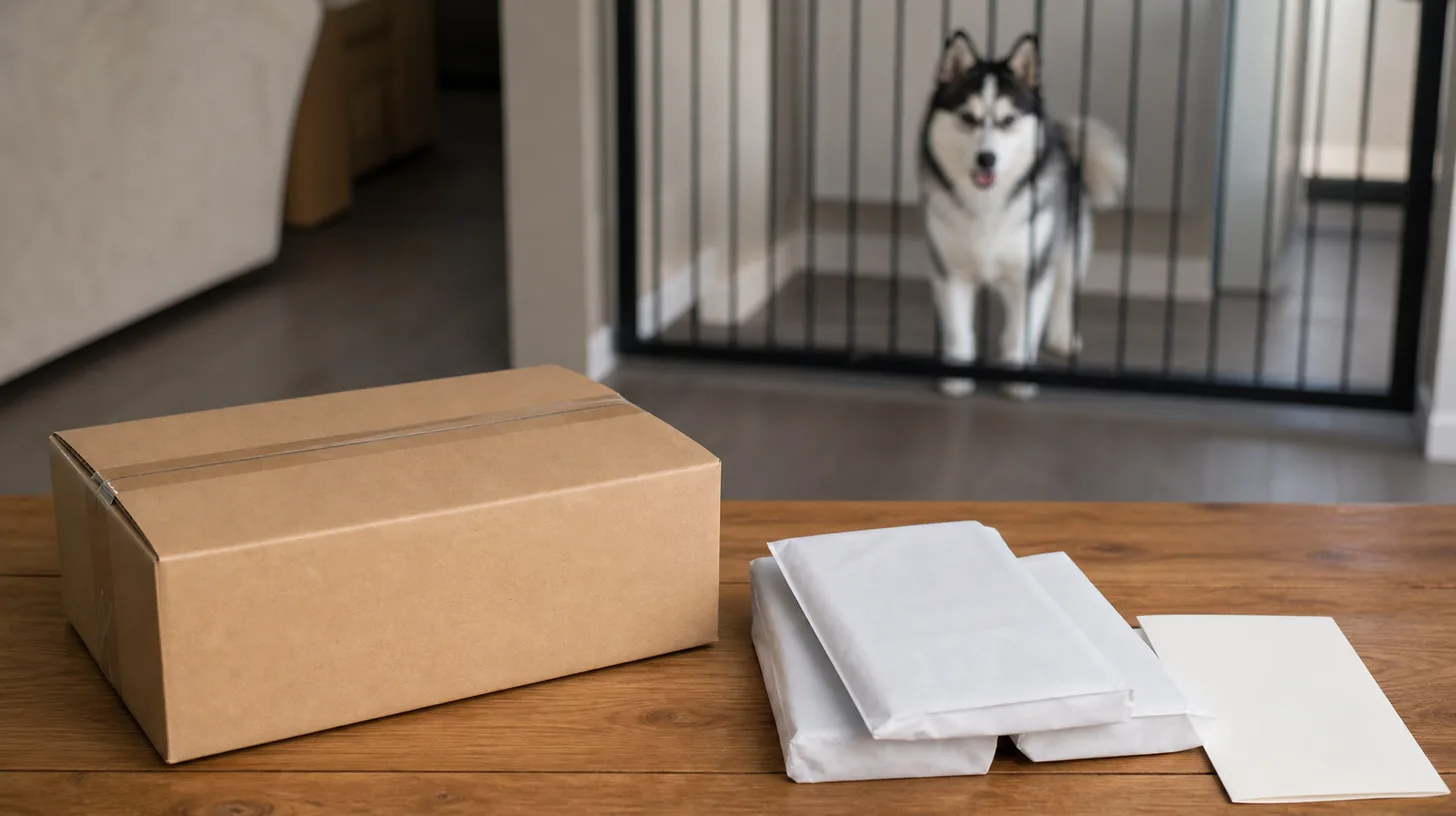 A sealed blank delivery box and inner packages sit away from a gated Pomsky
