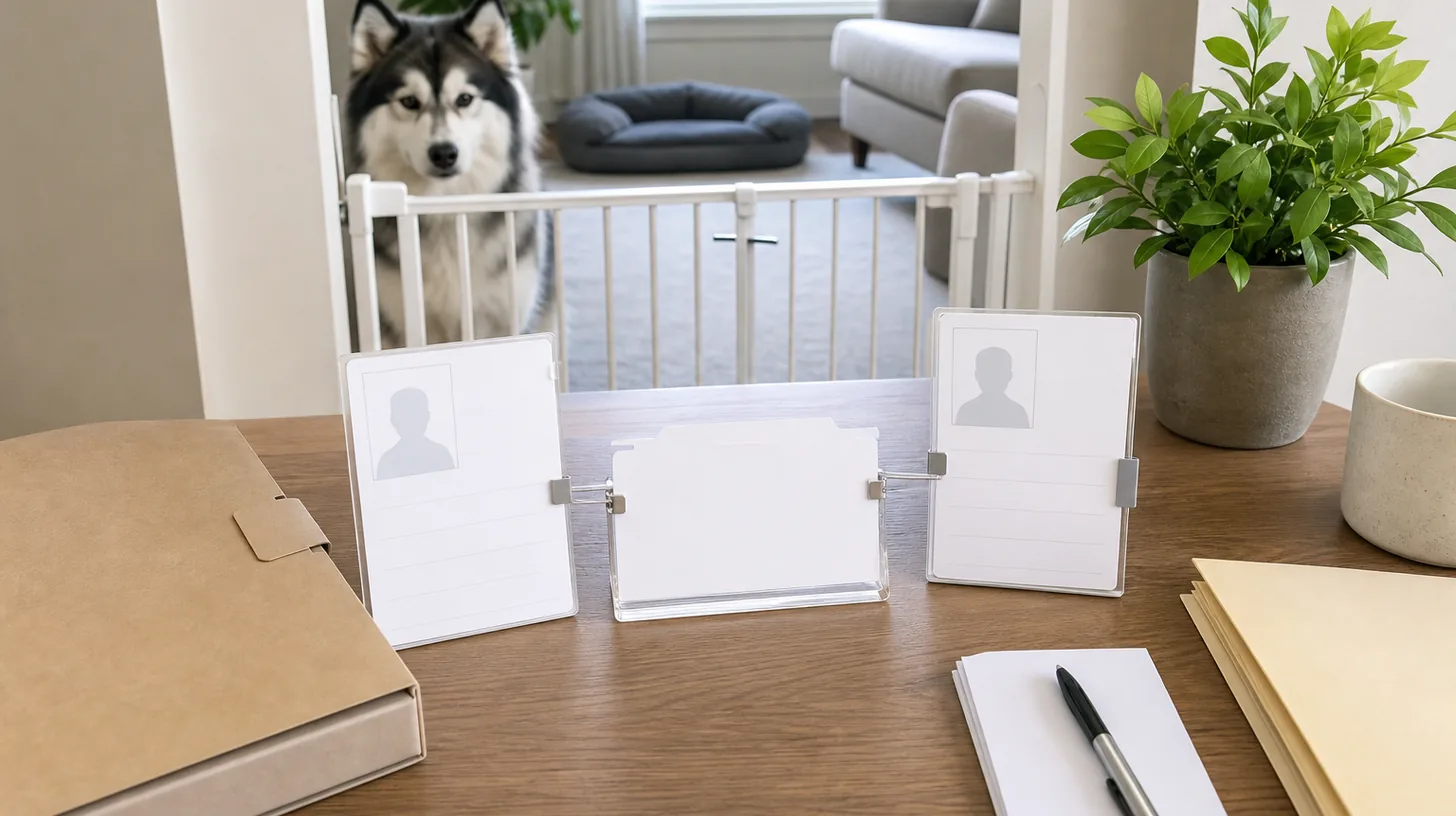 Two blank profile cards and a central blank acknowledgment card in privacy sleeves