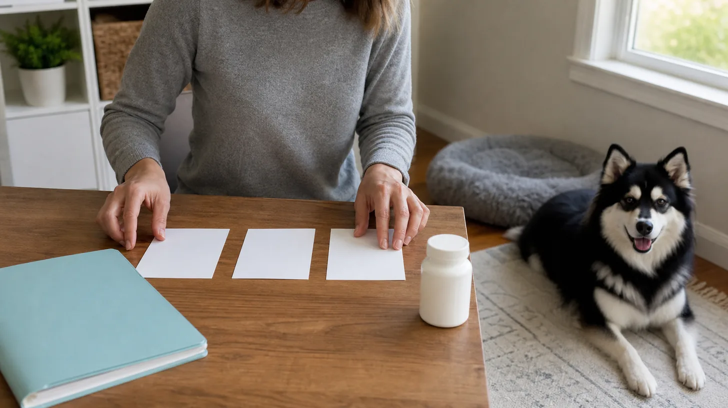 Caregiver organizing blank veterinary question cards beside Pomsky records