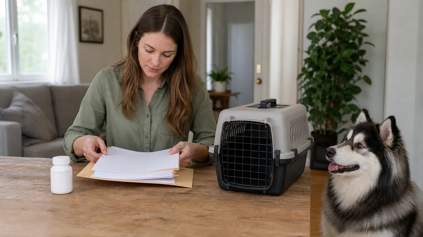 Caregiver organizing blank records and a carrier for a Pomsky veterinary recheck