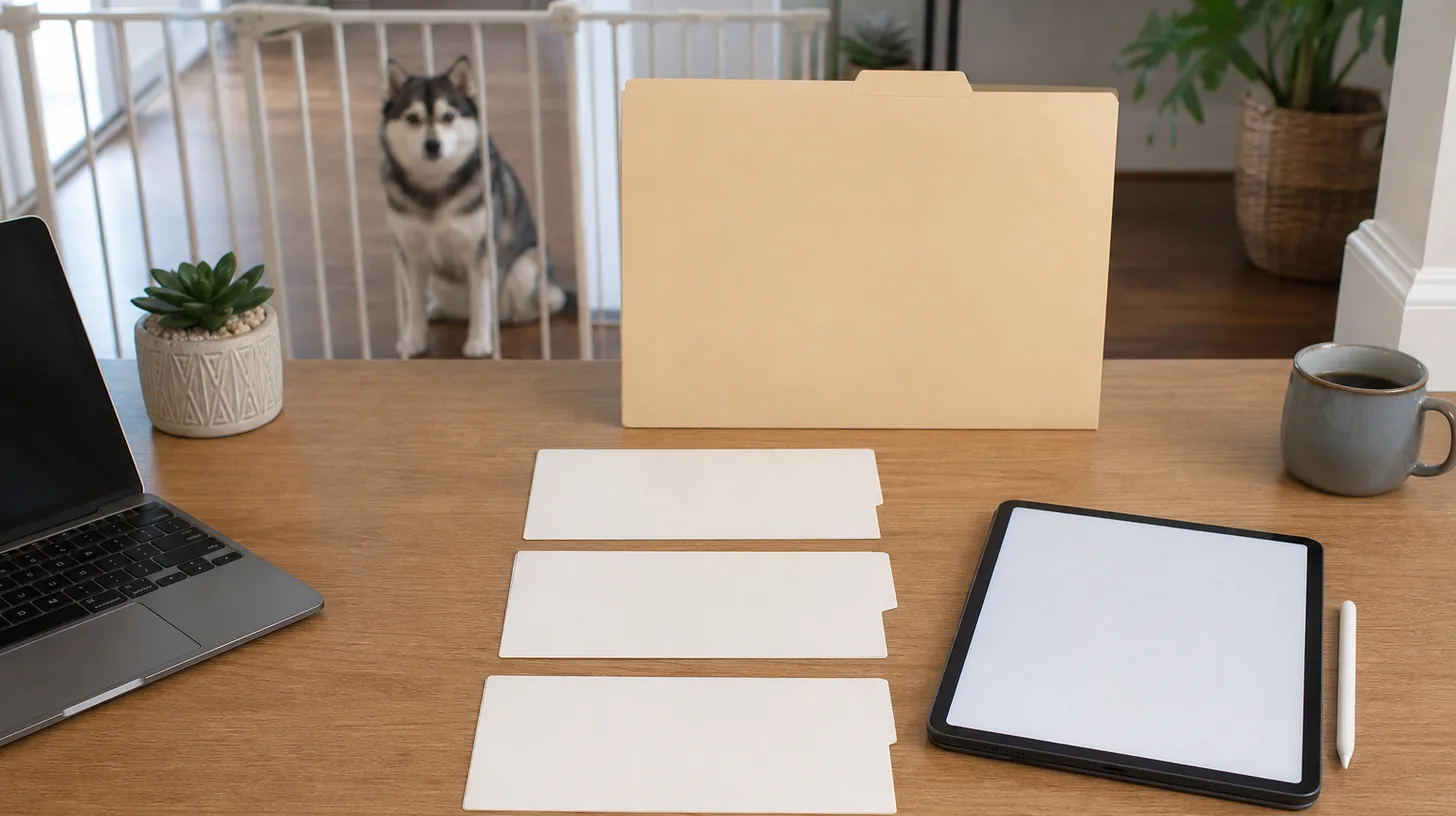 Blank original, correction and acknowledgment cards beside a tablet and closed folder