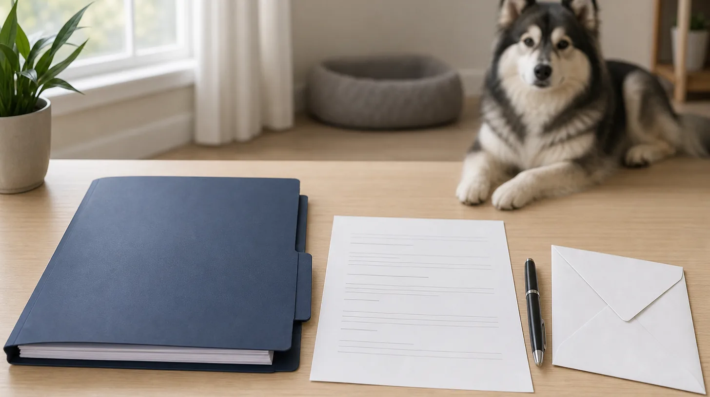 A closed records folder, blank release form, pen and envelope are arranged away from a Pomsky
