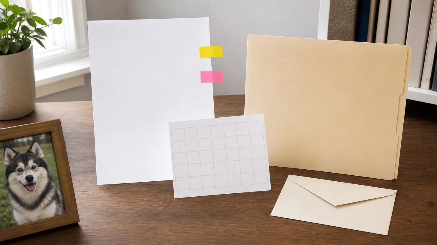 A blank tabbed referral form, calendar card, folder and sealed envelope are organized on a desk