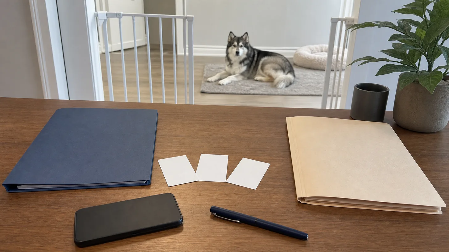Two closed folders, blank transfer cards and a face-down phone sit near a resting Pomsky
