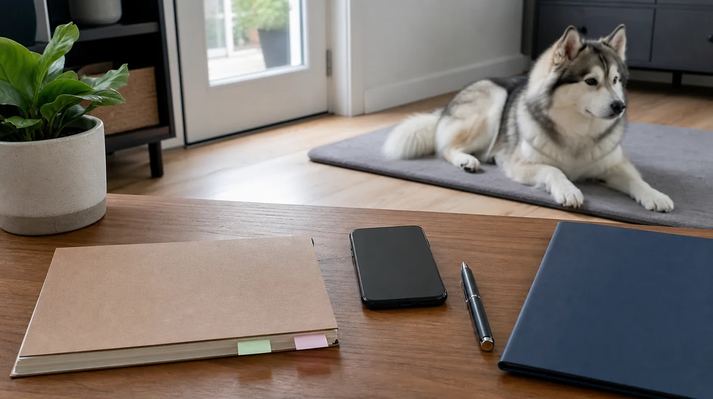 A blank tabbed calendar, face-down phone and closed folder sit near a resting Pomsky