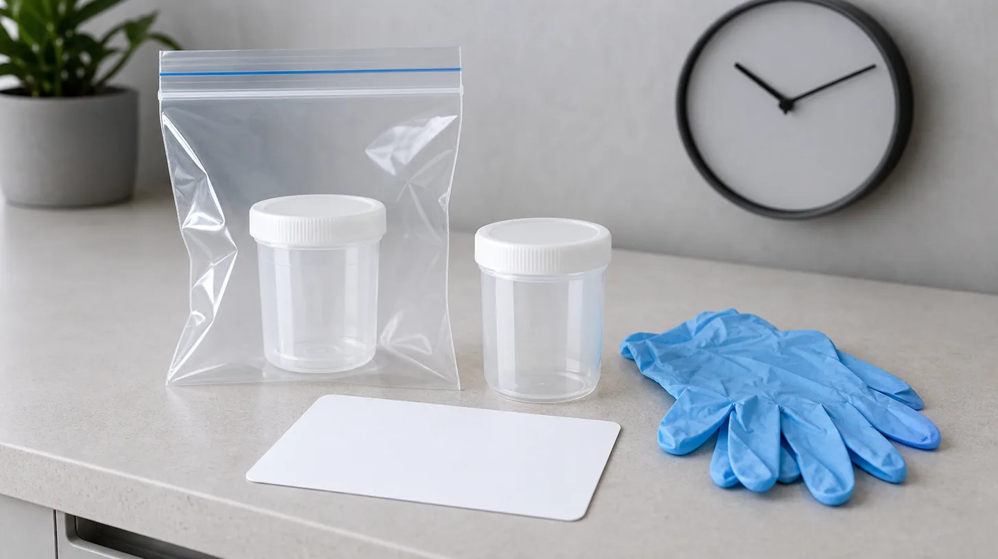 Blank veterinary instruction card beside a sealed plain sample container and transport bag