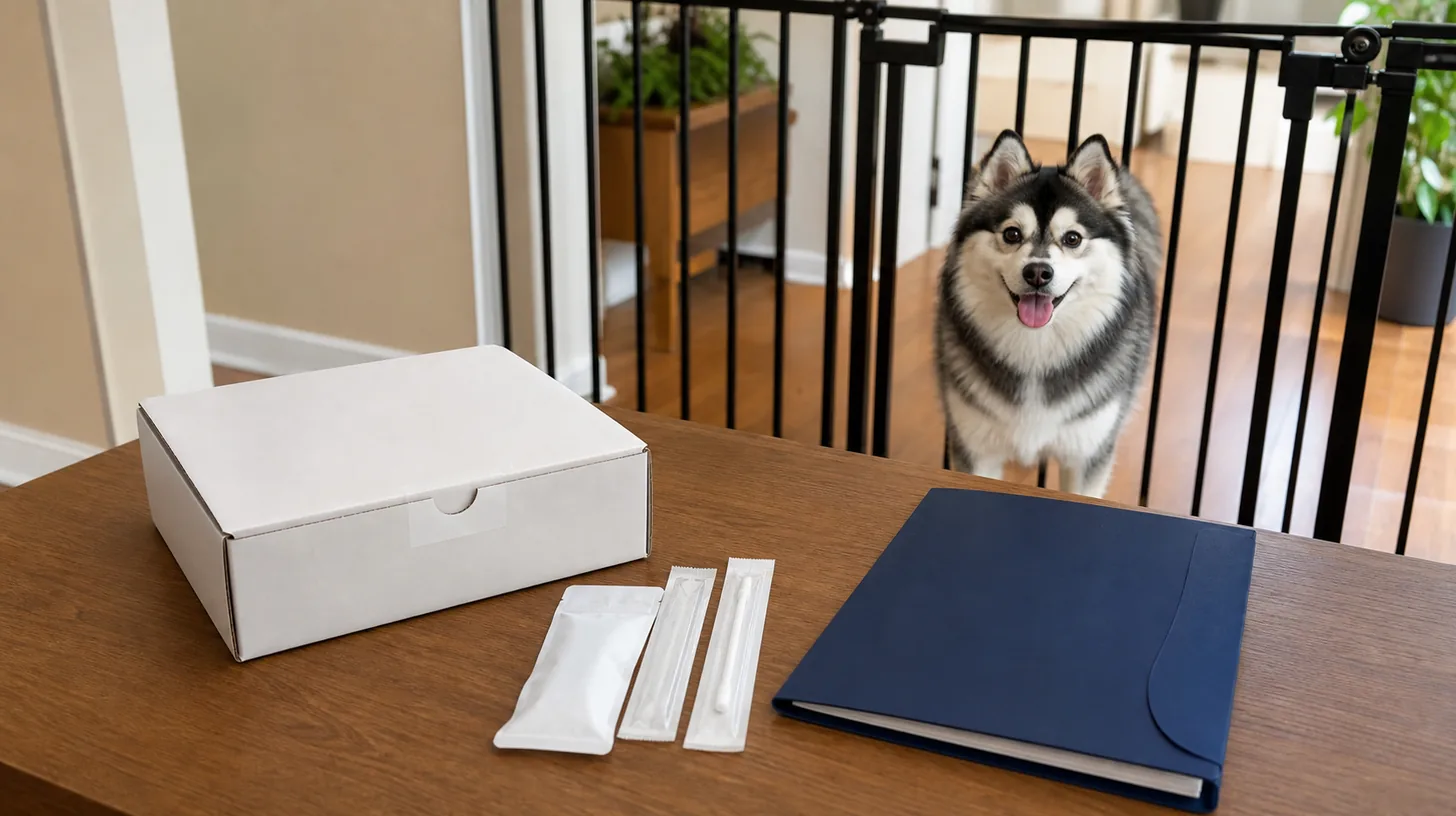 A blank veterinary sample kit box, sealed supplies and folder sit away from a gated Pomsky