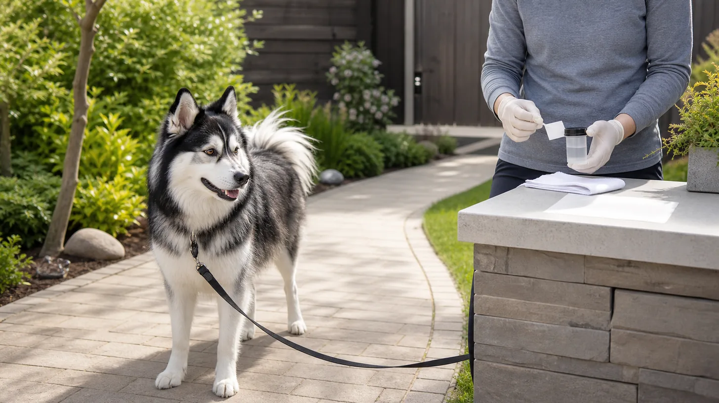 A leashed Pomsky waits while a caregiver prepares a sealed veterinary sample container