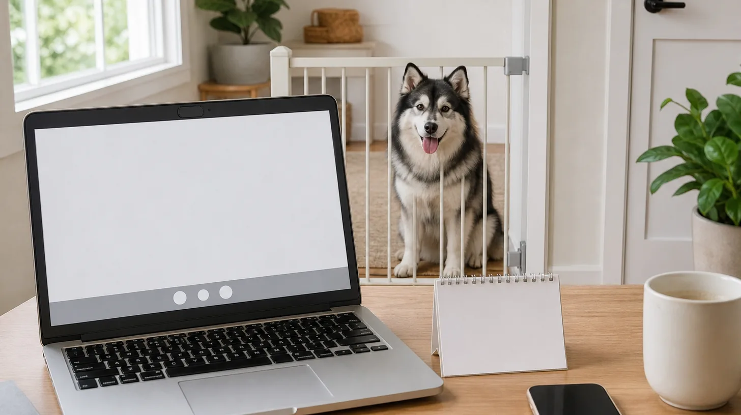 Laptop with blank telehealth screen beside a phone and blank appointment card
