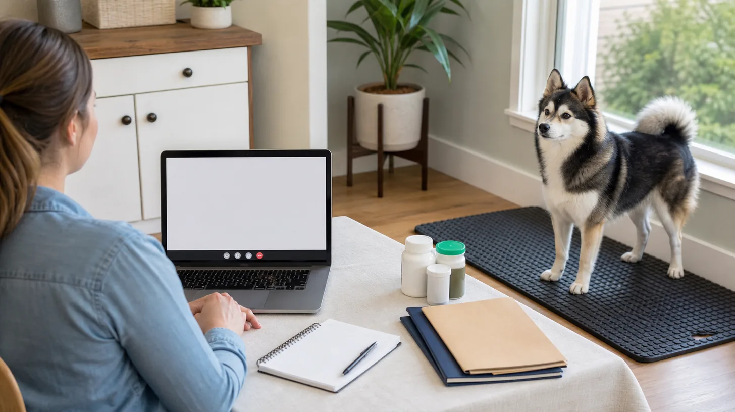 Caregiver preparing a laptop, blank notes, and closed current pet records for a remote veterinary call