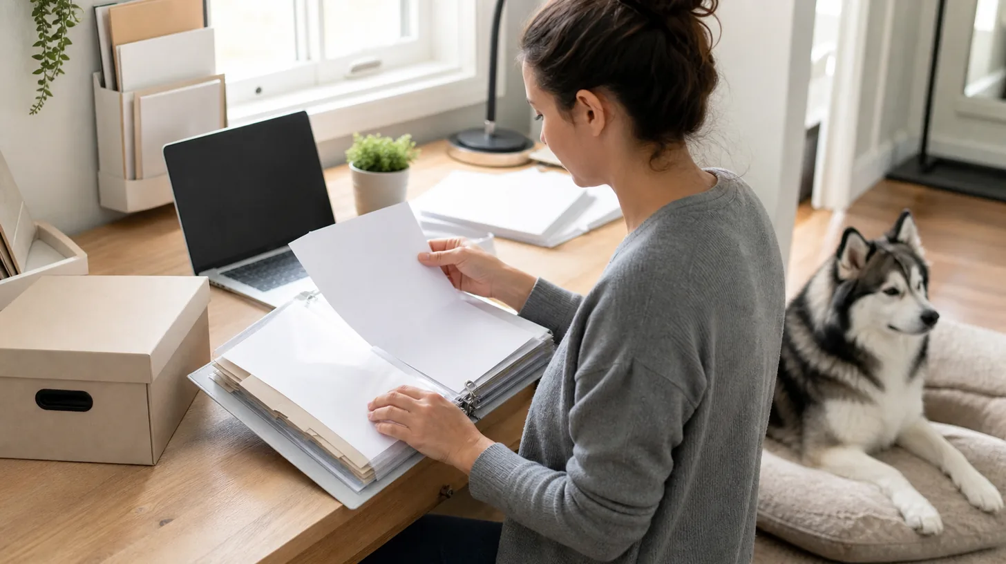 A caregiver files blank veterinary result pages in a secure binder while a Pomsky rests nearby