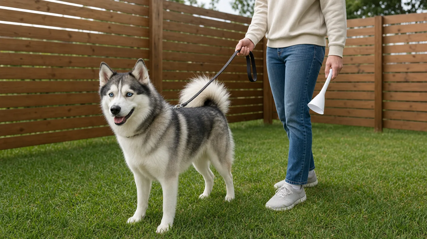 A Pomsky stands on a slack leash while a caregiver holds a clean low-profile collection tool