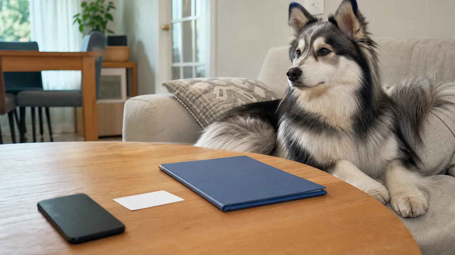 A face-down phone, blank note card and closed folder sit near a resting Pomsky