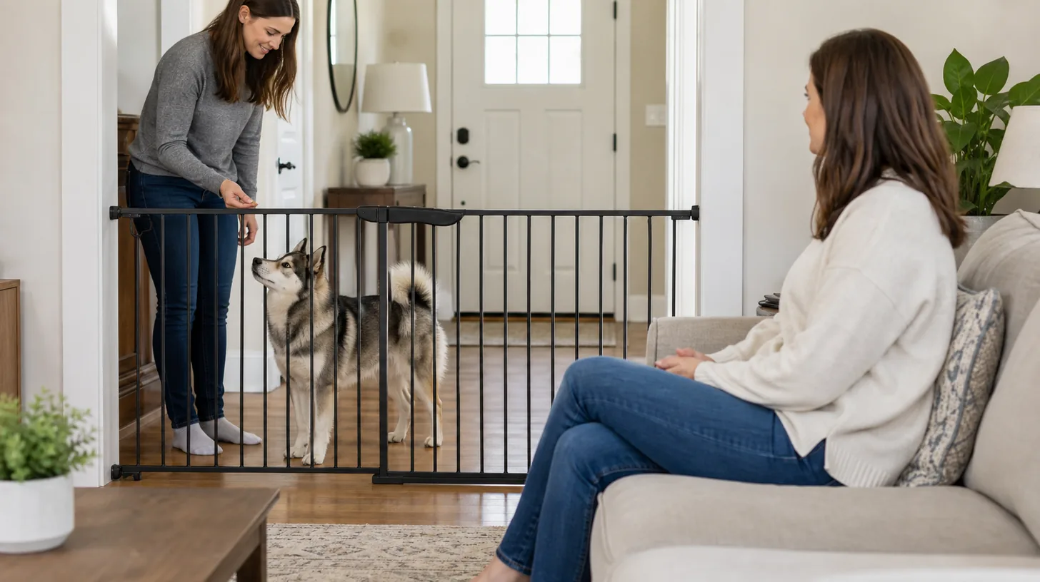 Pomsky stands behind a closed safety gate while a visitor remains seated at a distance