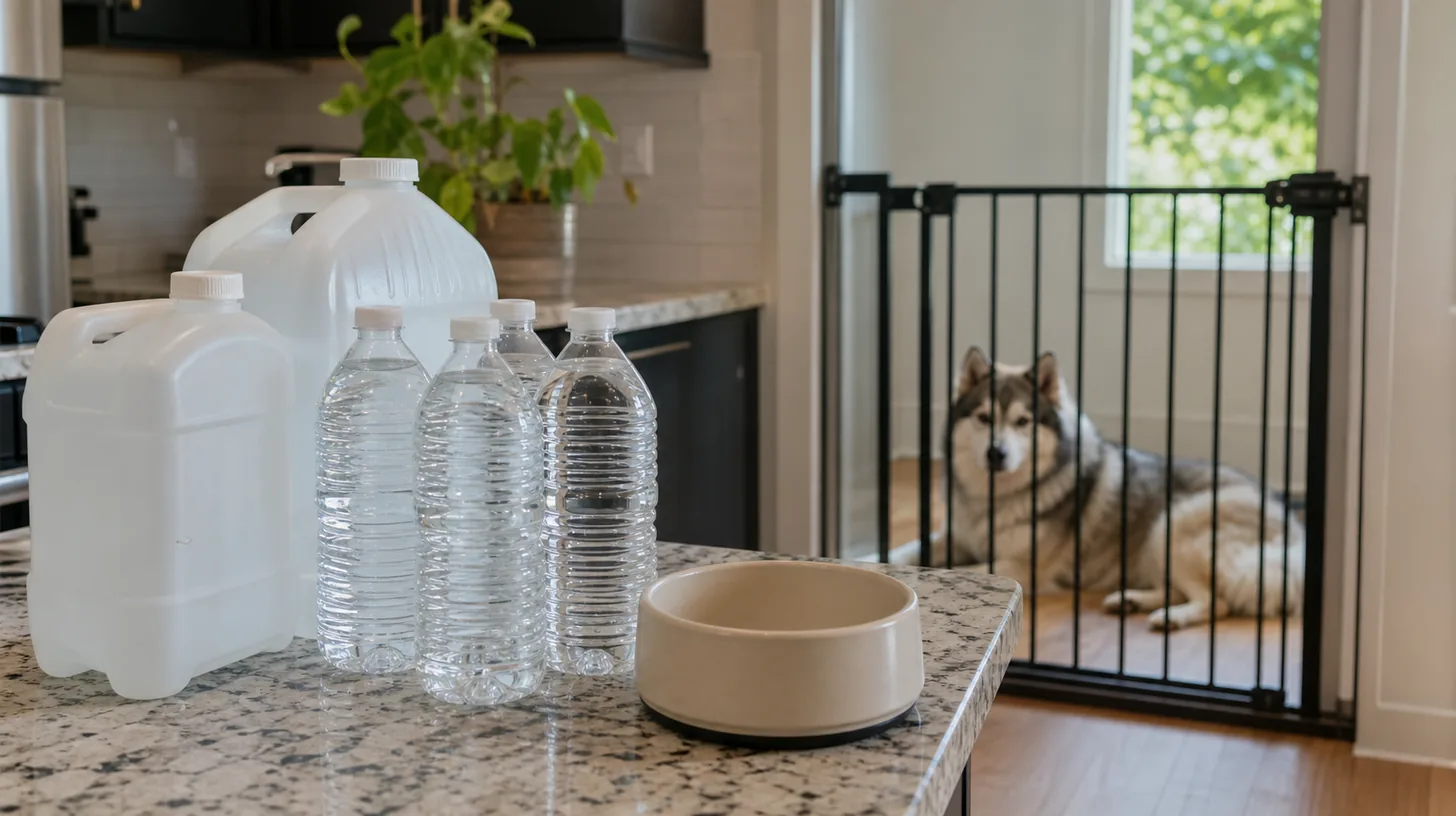 Sealed water containers and a clean bowl sit on a dry counter while a Pomsky waits behind a gate