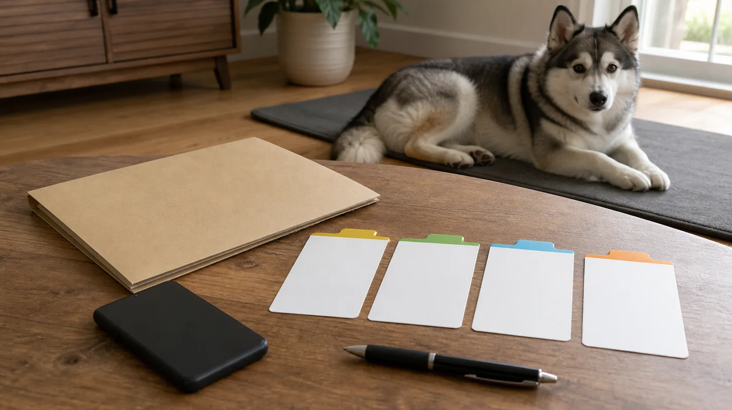 A face-down phone, blank action cards and closed folder sit near a resting Pomsky