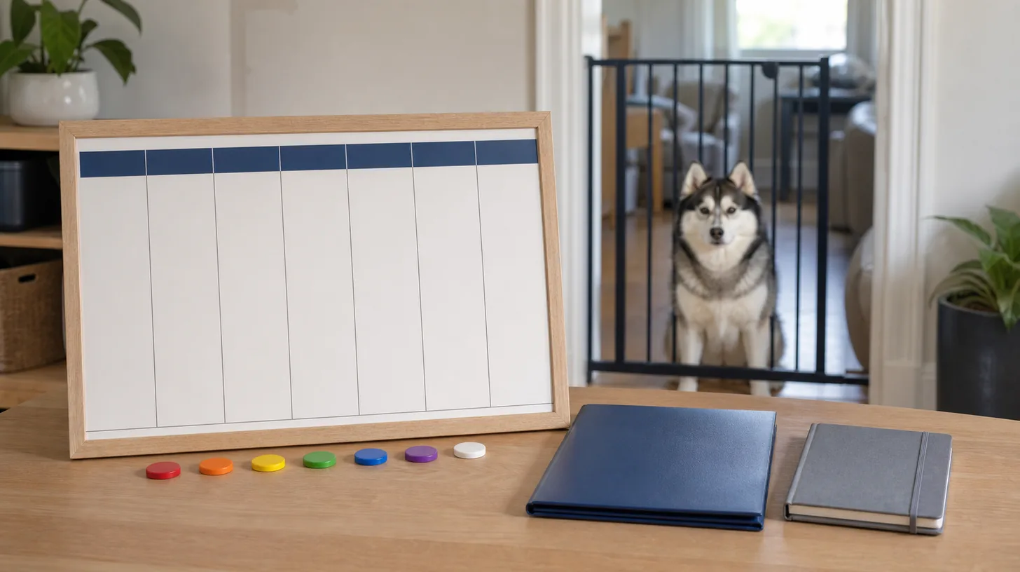 A blank weekly care calendar, color markers and closed records sit away from a gated Pomsky