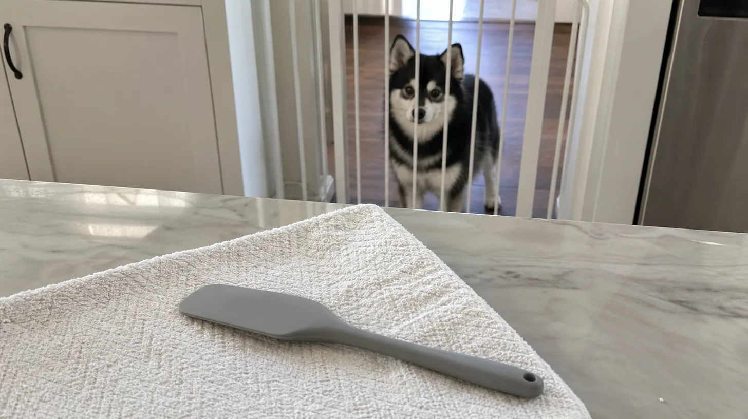 An empty silicone spatula rests on a towel to dry away from a gated Pomsky