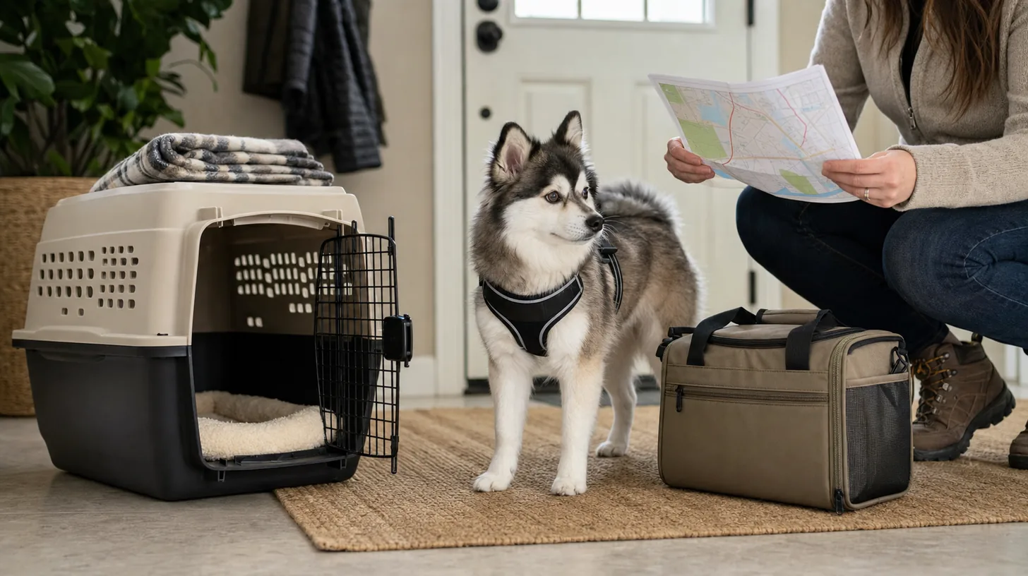 A harnessed Pomsky stands beside an open carrier and compact evacuation bag