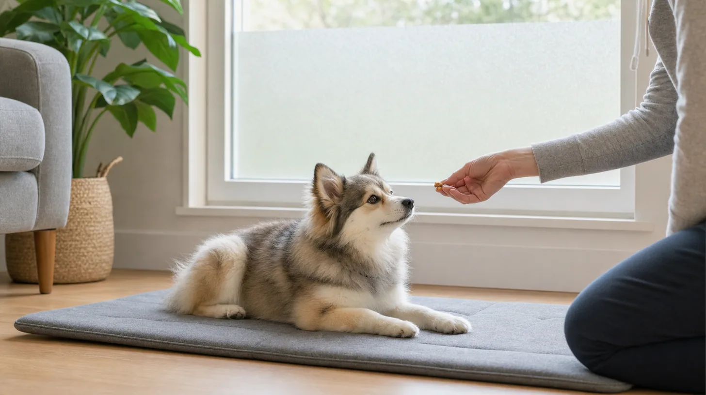 A Pomsky rests on a mat and turns toward a caregiver beside a frosted lower window