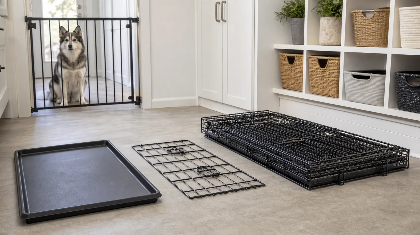 A folded wire crate, removable pan and divider are counted while a Pomsky waits behind a gate