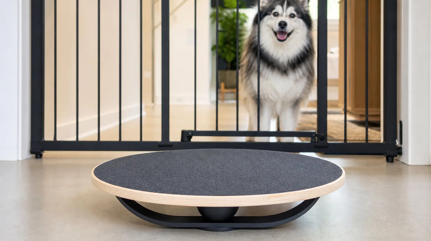 Low wooden wobble board with textured deck, rounded edge and central pivot visible