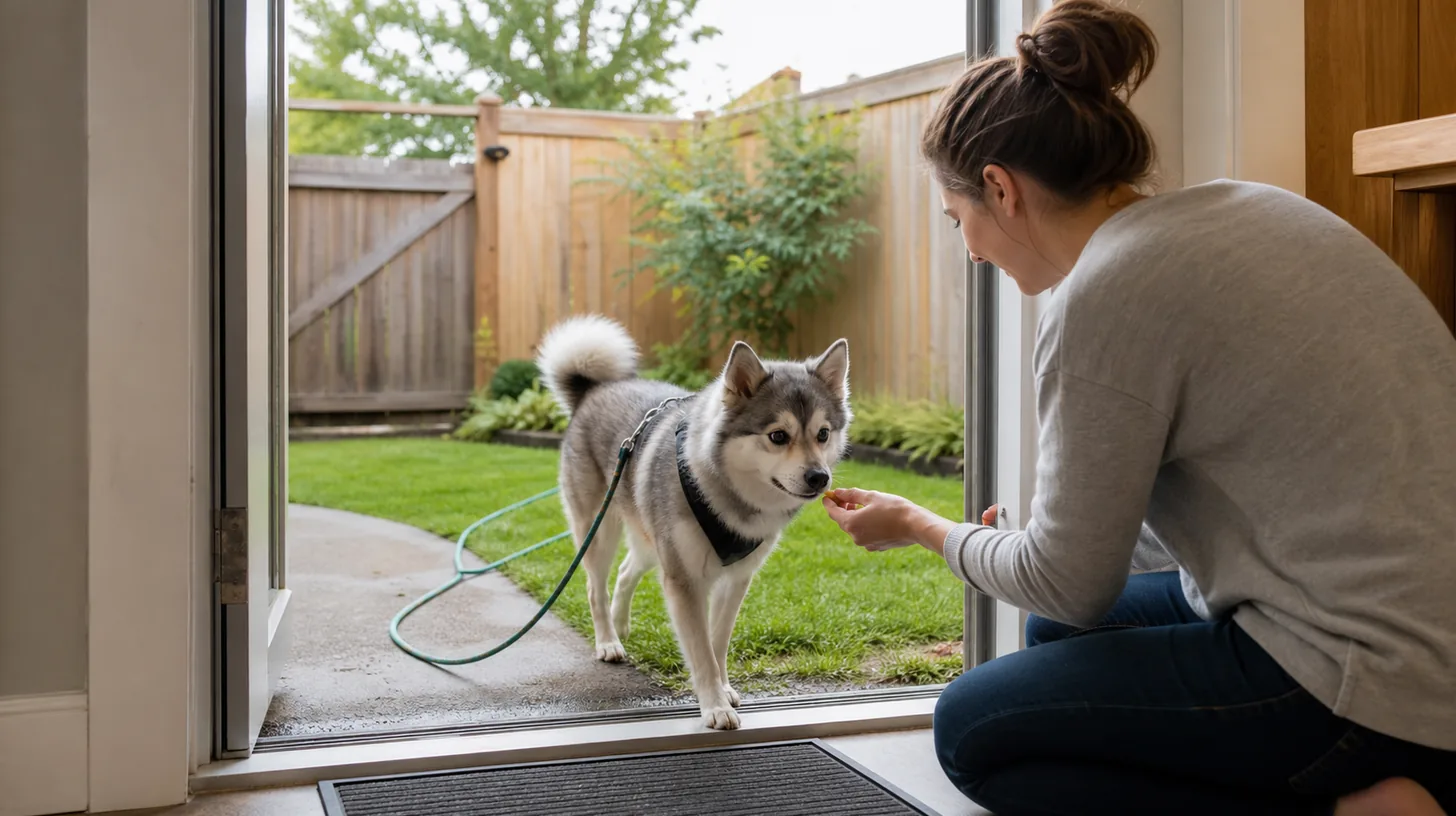 A harnessed Pomsky voluntarily crosses a dry doorway from a secure yard