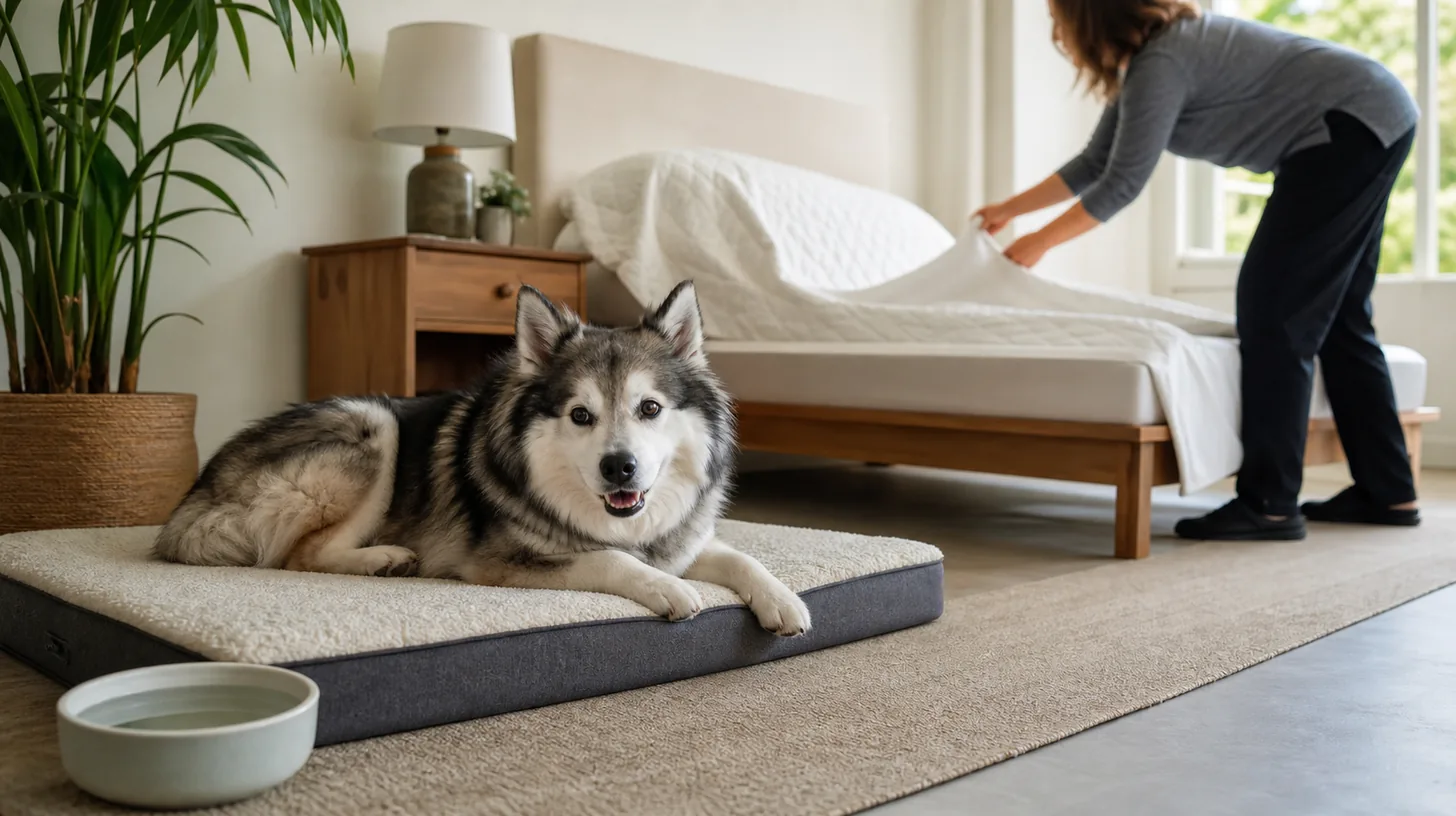 Senior Pomsky rests on an alternate low bed while a caregiver changes bedding