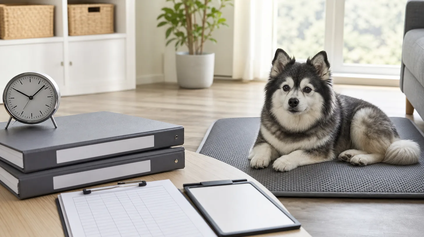Senior Pomsky rests on a nonslip mat beside two caregiver folders a blank observation sheet clock and handoff board
