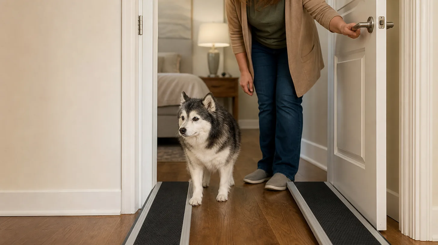 Senior Pomsky pauses before a wide open interior doorway with nonslip flooring