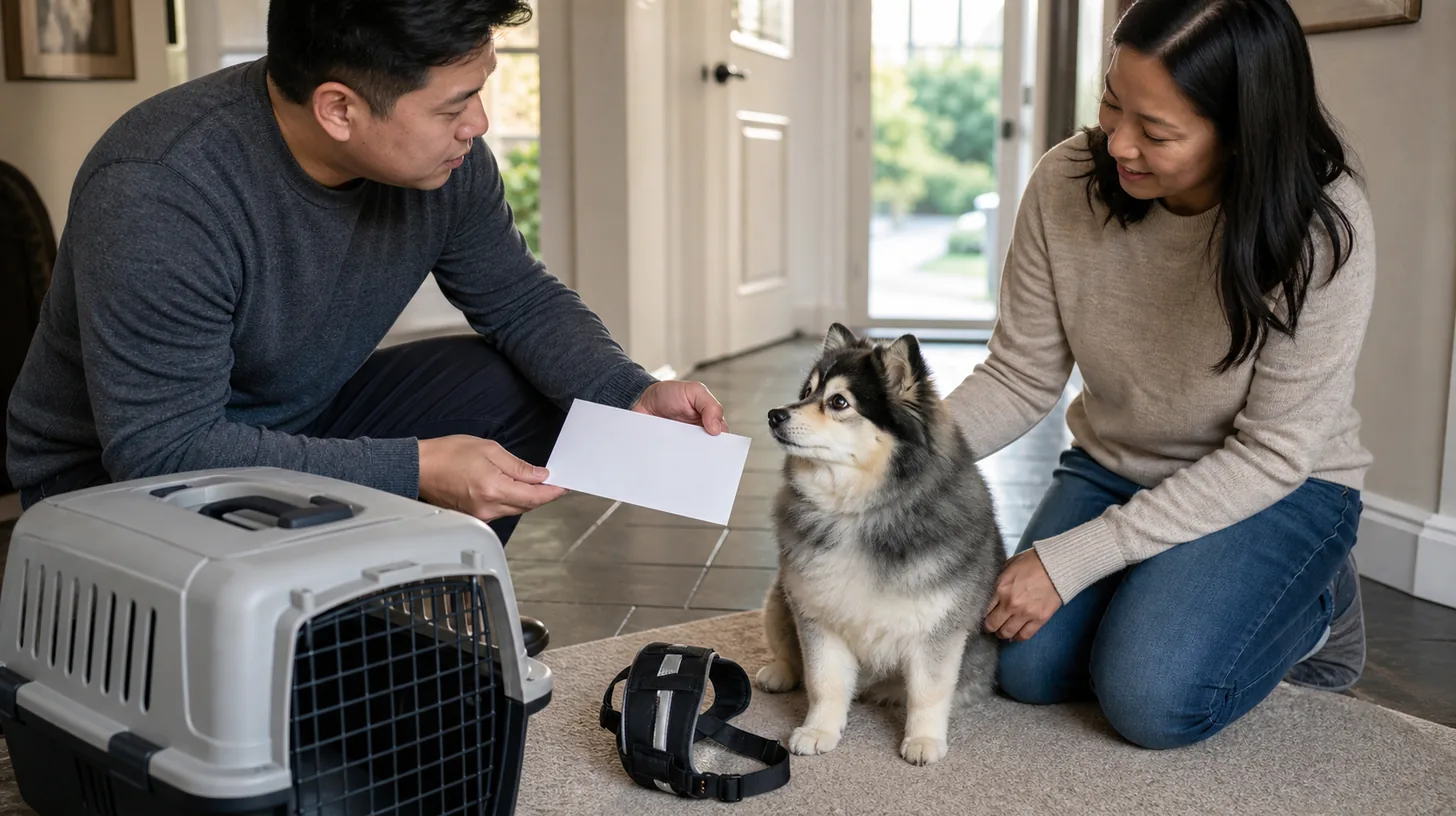 Two caregivers review a blank handoff beside a senior Pomsky and closed carrier