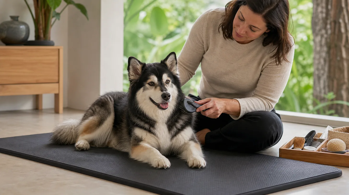 Senior Pomsky resting on a floor-level nonslip grooming mat beside a calm caregiver