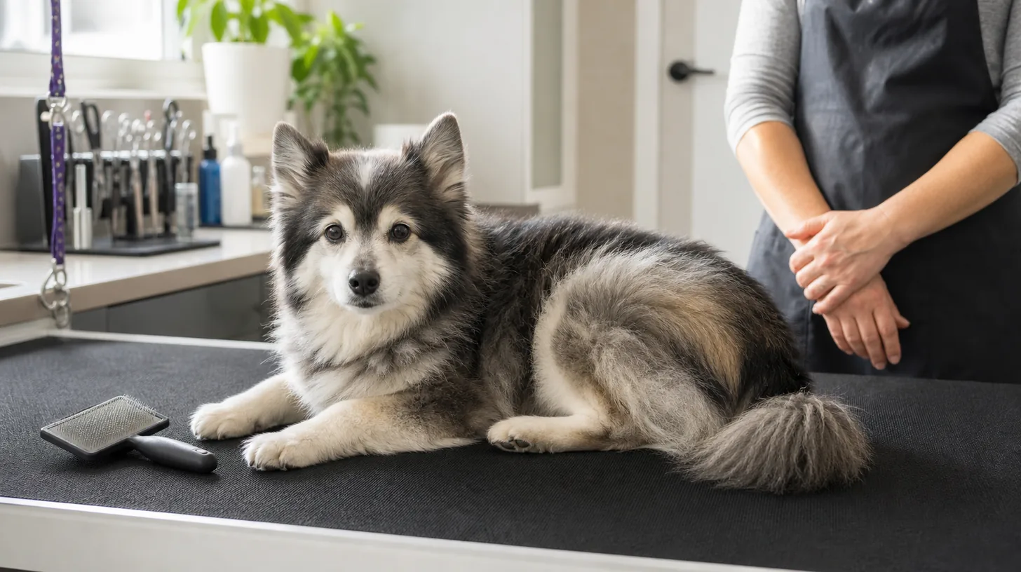 Senior Pomsky rests on a grooming mat during a planned break with tools set aside