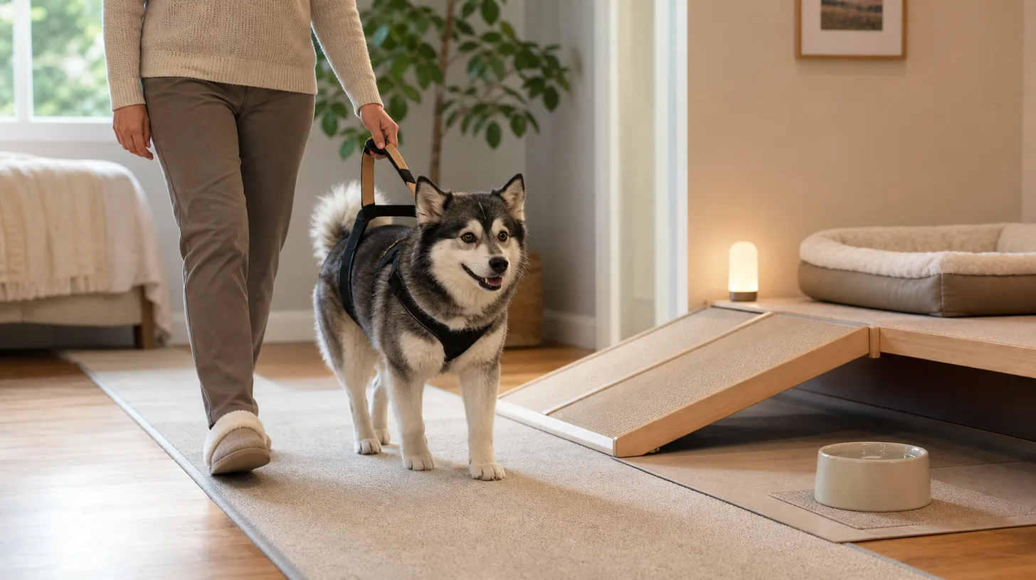 A senior Pomsky walks on a non-slip rug beside a low ramp, accessible bed, and water
