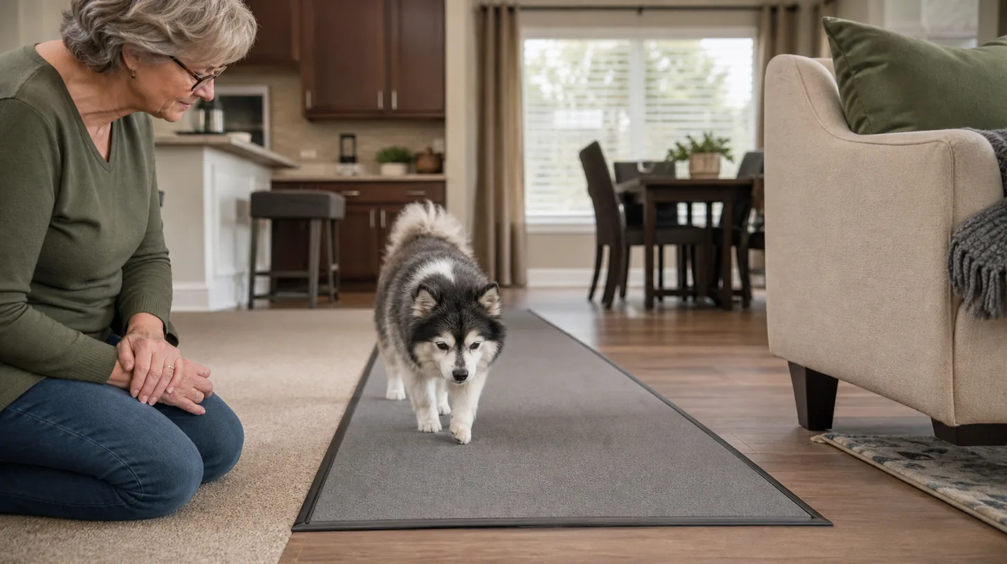 Senior Pomsky crosses a flush nonslip runner between household floor surfaces