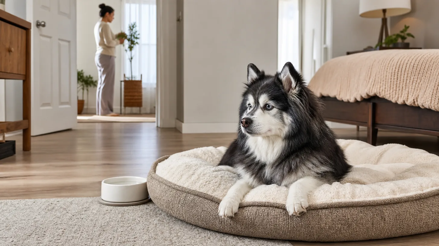 Senior Pomsky rests in an open quiet room with water and a clear route