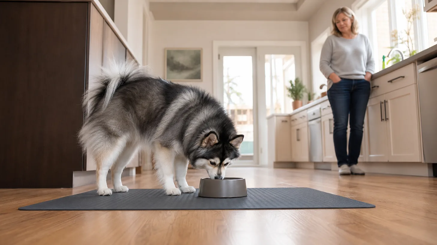Senior Pomsky stands naturally at a stable bowl on a broad nonslip meal mat