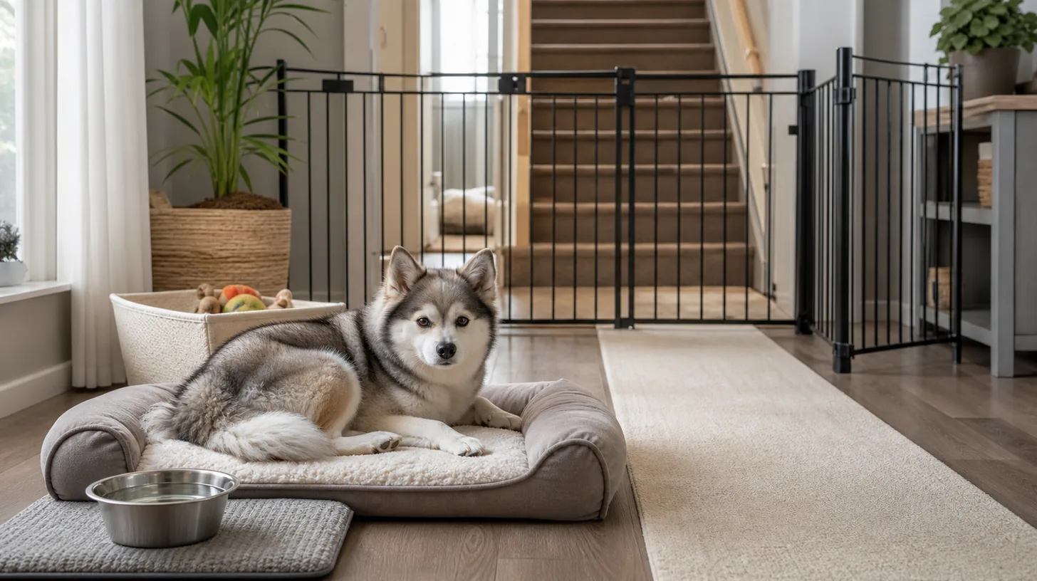 Senior Pomsky rests in a complete ground floor zone with bed water nonslip route and a gate blocking stairs