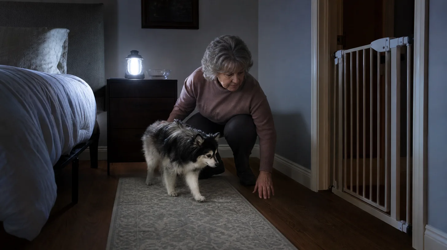 Senior Pomsky follows a short nonslip route lit by a battery lantern during an outage