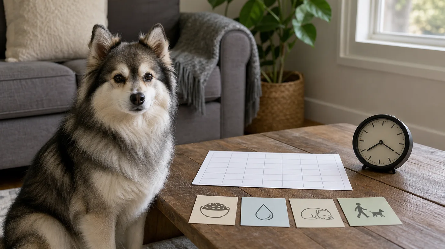 Senior Pomsky sits beside a blank routine grid clock and plain meal water rest and walking context cards