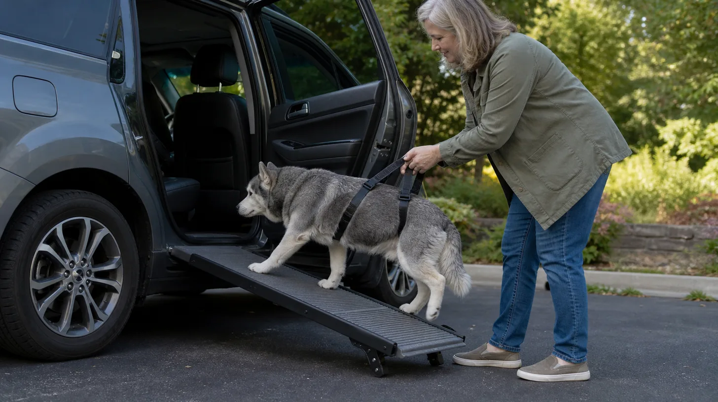 A senior Pomsky walks up a stable nonslip vehicle ramp with gentle harness support