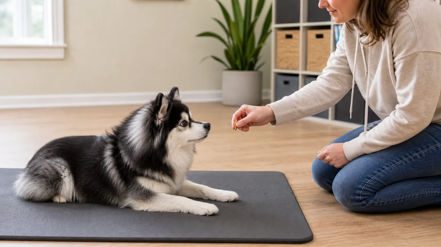Pomsky lies down voluntarily on a nonslip mat beside a caregiver