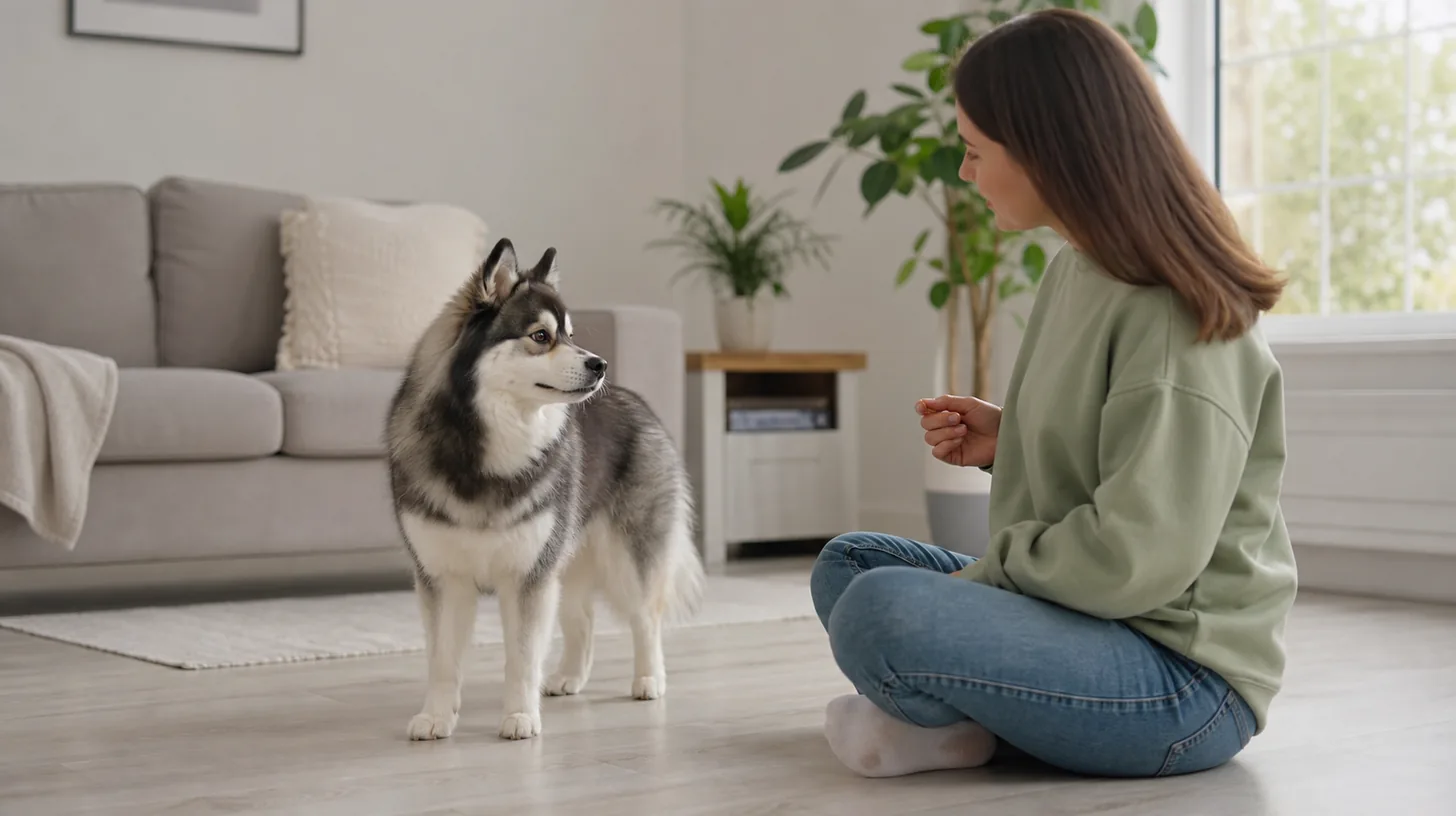 Pomsky voluntarily turns toward a seated caregiver during name response practice